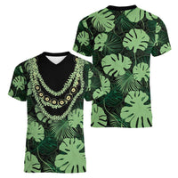 Green Hawaii Kukui Nut Lei Women V-Neck T-Shirt Hawaiian Pattern Monstera Tropical Vibes - Polynesian Pride