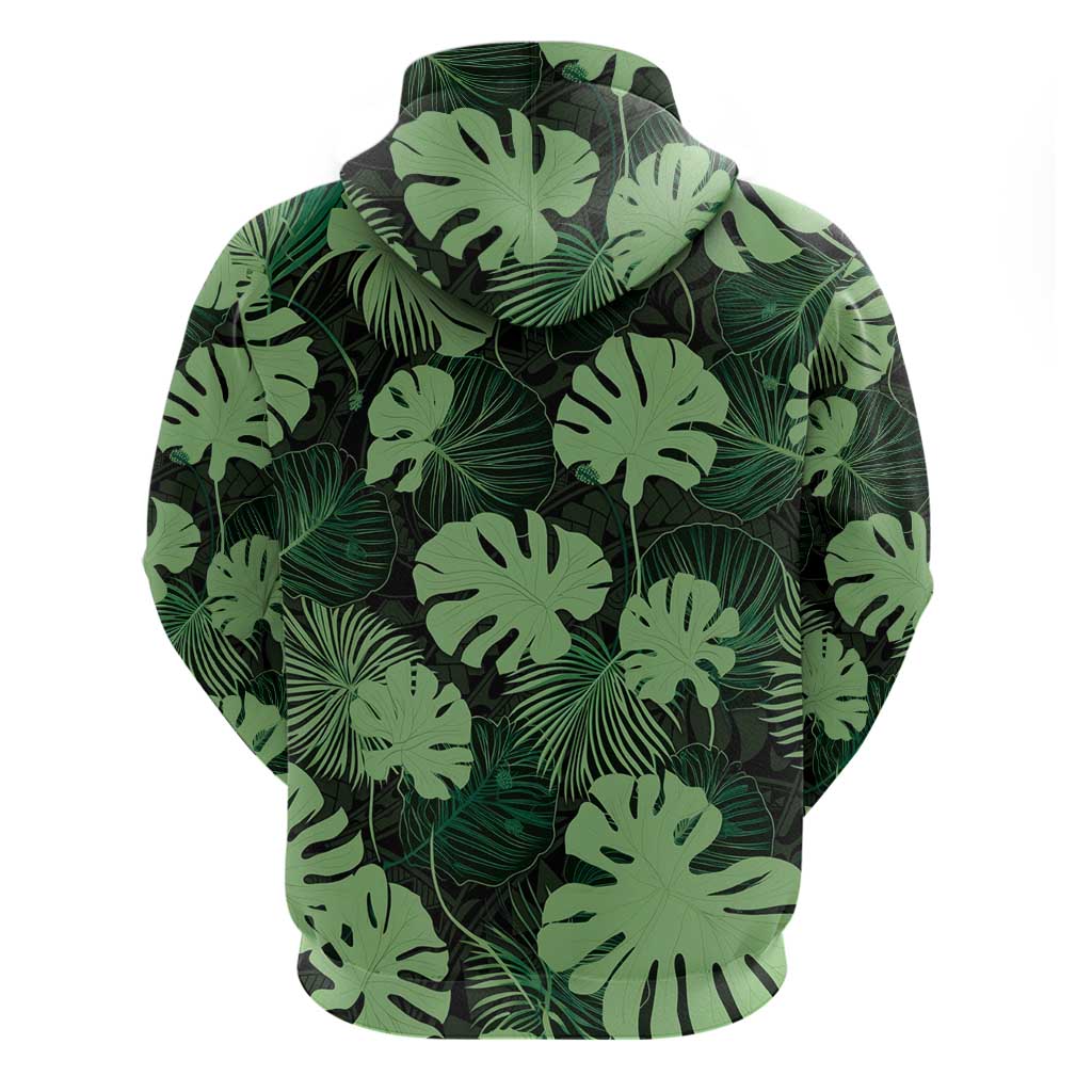 Green Hawaii Kukui Nut Lei Zip Hoodie Hawaiian Pattern Monstera Tropical Vibes - Polynesian Pride