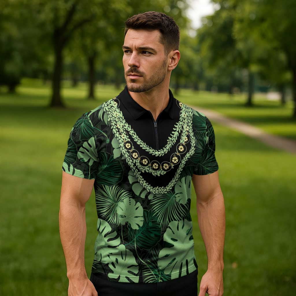 Green Hawaii Kukui Nut Lei Zipper Polo Shirt Hawaiian Pattern Monstera Tropical Vibes - Polynesian Pride