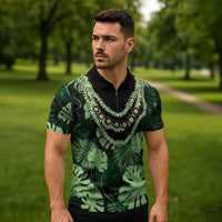Green Hawaii Kukui Nut Lei Zipper Polo Shirt Hawaiian Pattern Monstera Tropical Vibes - Polynesian Pride