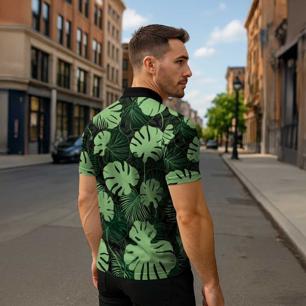 Green Hawaii Kukui Nut Lei Zipper Polo Shirt Hawaiian Pattern Monstera Tropical Vibes - Polynesian Pride