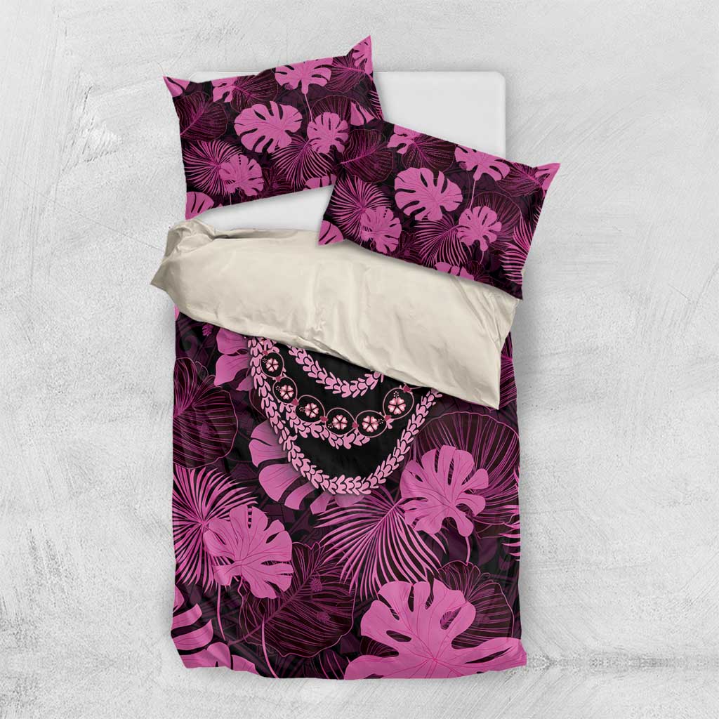 Pink Hawaii Kukui Nut Lei Bedding Set Hawaiian Pattern Monstera Tropical Vibes - Polynesian Pride