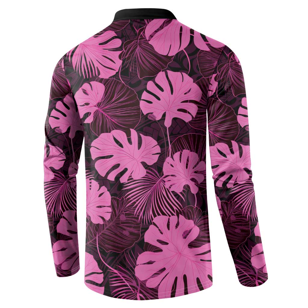 Pink Hawaii Kukui Nut Lei Button Sweatshirt Hawaiian Pattern Monstera Tropical Vibes - Polynesian Pride