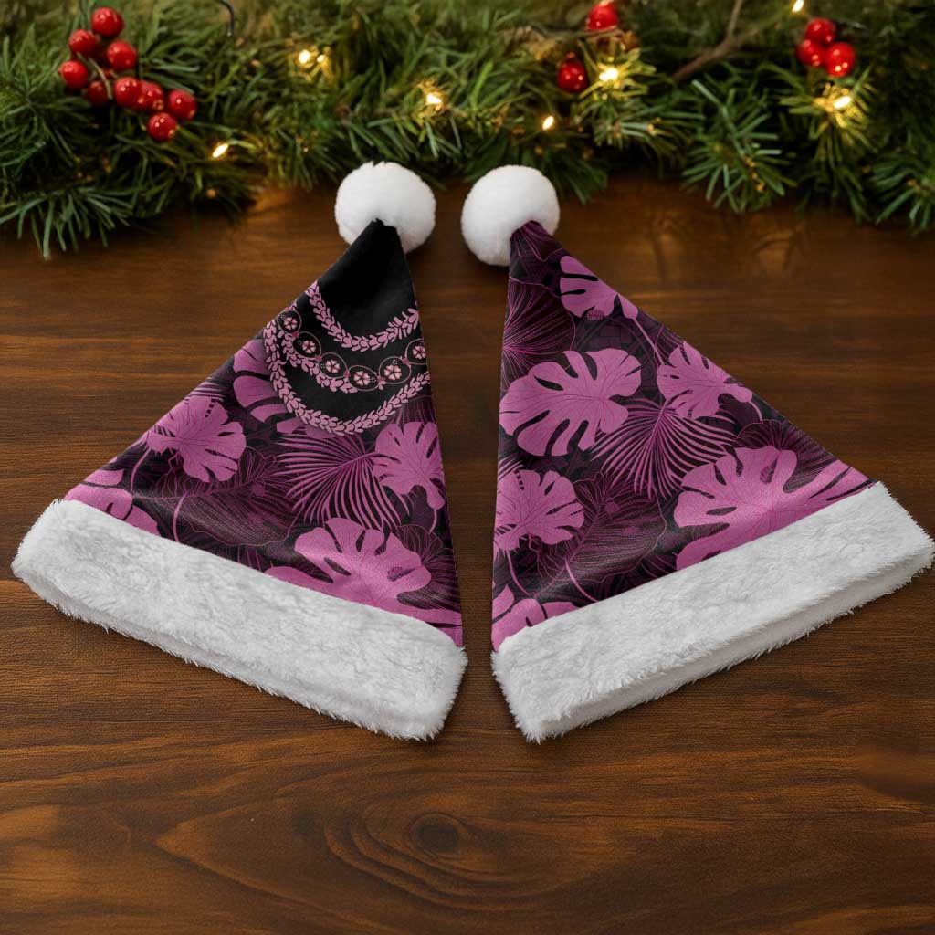 Pink Hawaii Kukui Nut Lei Christmas Santa Hat Hawaiian Pattern Monstera Tropical Vibes - Polynesian Pride