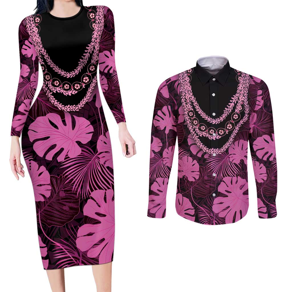Pink Hawaii Kukui Nut Lei Couples Matching Long Sleeve Bodycon Dress and Long Sleeve Button Shirt Hawaiian Pattern Monstera Tropical Vibes - Polynesian Pride