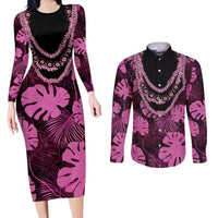 Pink Hawaii Kukui Nut Lei Couples Matching Long Sleeve Bodycon Dress and Long Sleeve Button Shirt Hawaiian Pattern Monstera Tropical Vibes - Polynesian Pride