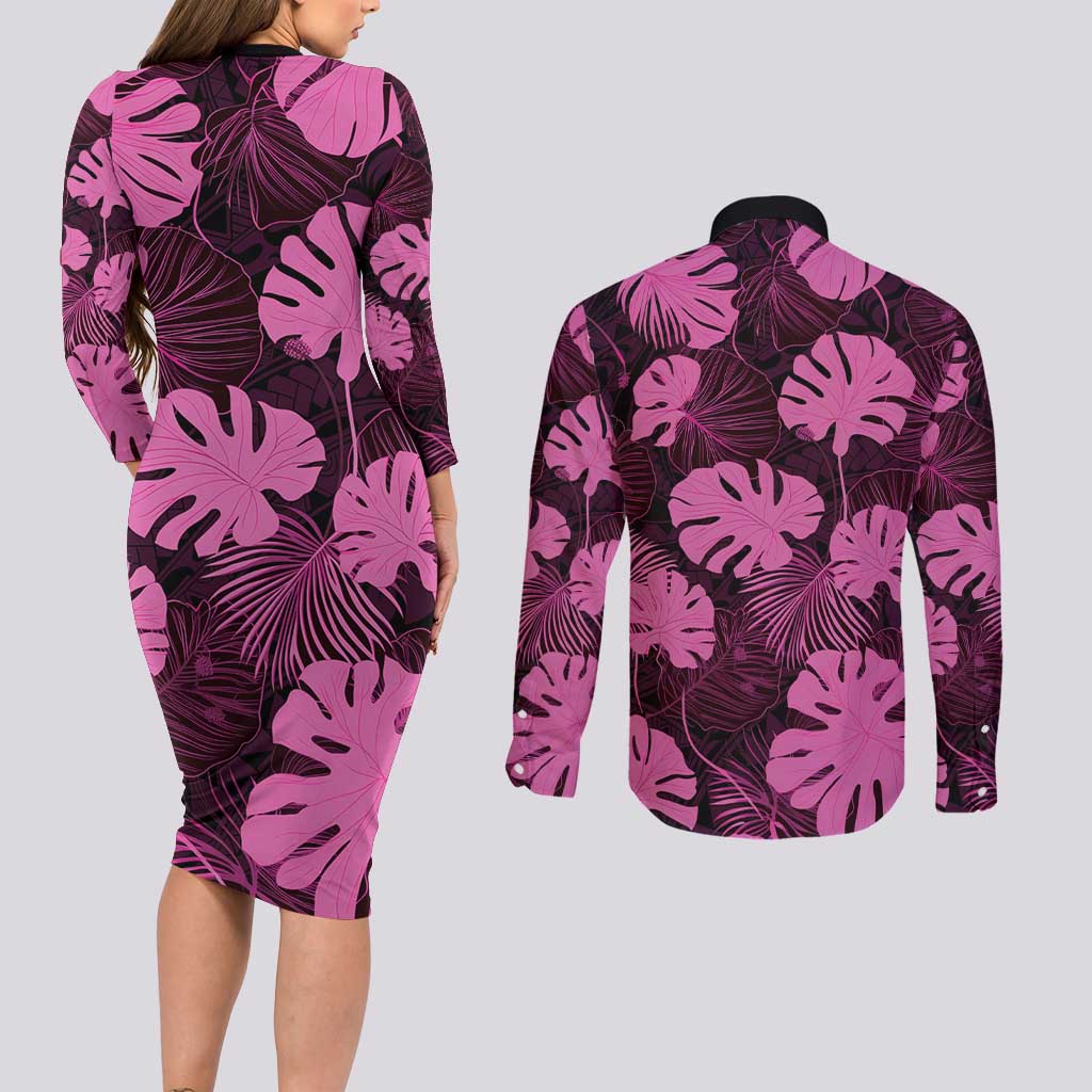 Pink Hawaii Kukui Nut Lei Couples Matching Long Sleeve Bodycon Dress and Long Sleeve Button Shirt Hawaiian Pattern Monstera Tropical Vibes - Polynesian Pride