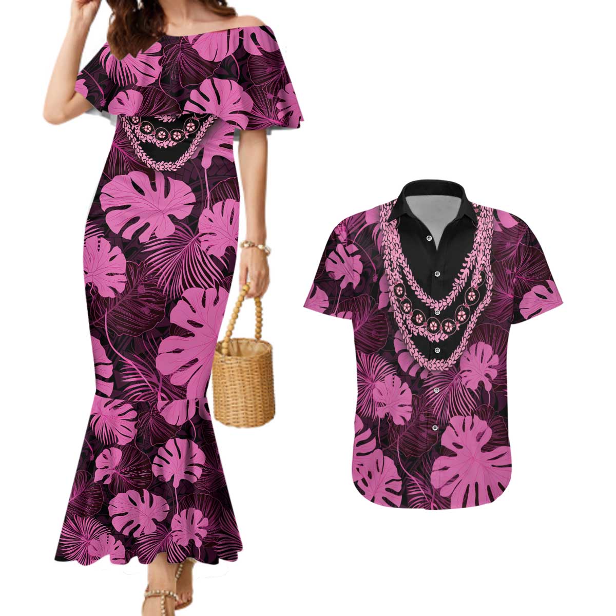 Pink Hawaii Kukui Nut Lei Couples Matching Mermaid Dress and Hawaiian Shirt Hawaiian Pattern Monstera Tropical Vibes - Polynesian Pride