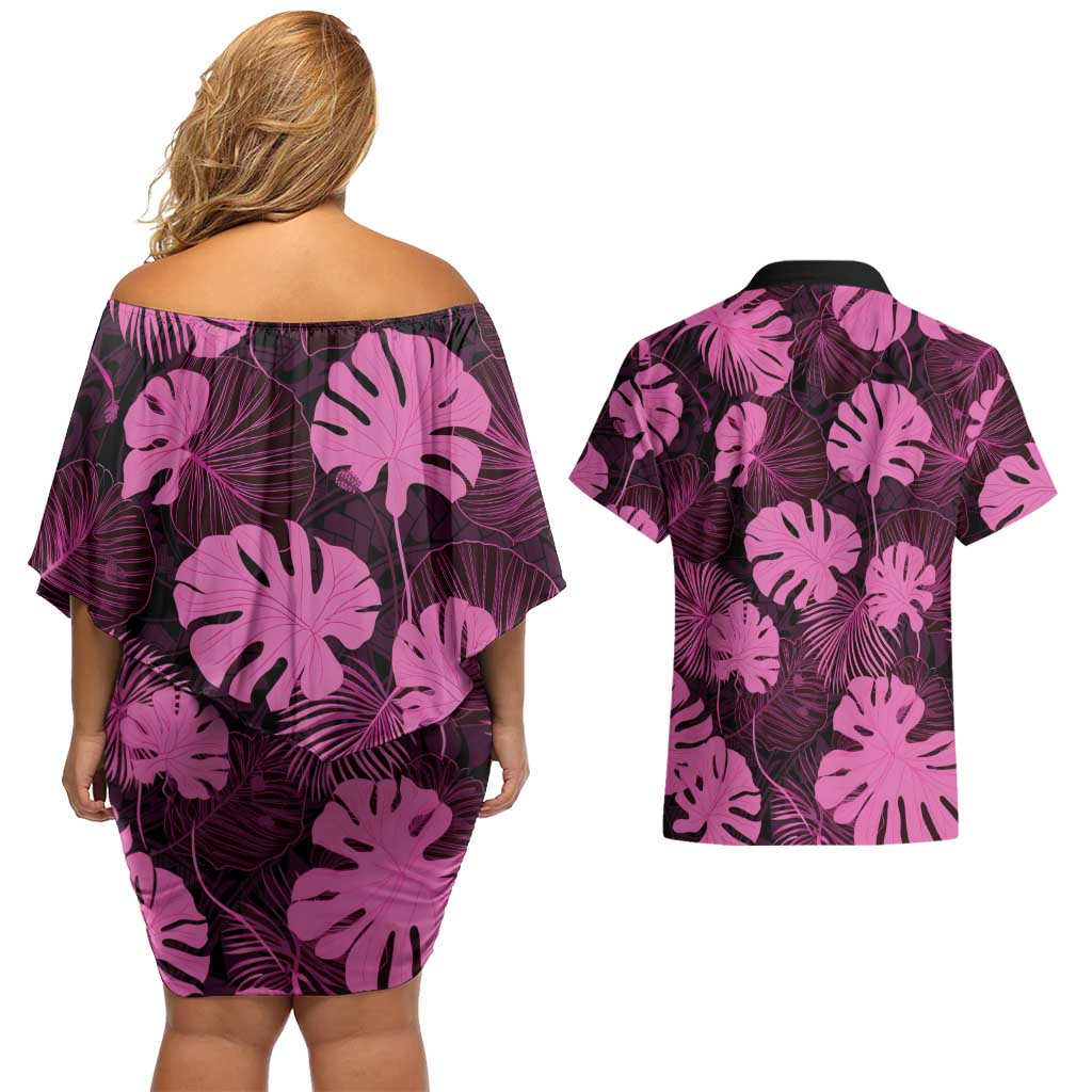 Pink Hawaii Kukui Nut Lei Couples Matching Off Shoulder Short Dress and Hawaiian Shirt Hawaiian Pattern Monstera Tropical Vibes - Polynesian Pride