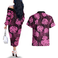 Pink Hawaii Kukui Nut Lei Couples Matching Off The Shoulder Long Sleeve Dress and Hawaiian Shirt Hawaiian Pattern Monstera Tropical Vibes - Polynesian Pride