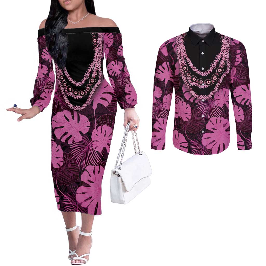 Pink Hawaii Kukui Nut Lei Couples Matching Off The Shoulder Long Sleeve Dress and Long Sleeve Button Shirt Hawaiian Pattern Monstera Tropical Vibes - Polynesian Pride