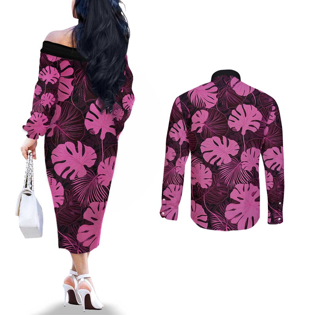Pink Hawaii Kukui Nut Lei Couples Matching Off The Shoulder Long Sleeve Dress and Long Sleeve Button Shirt Hawaiian Pattern Monstera Tropical Vibes - Polynesian Pride