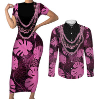 Pink Hawaii Kukui Nut Lei Couples Matching Short Sleeve Bodycon Dress and Long Sleeve Button Shirt Hawaiian Pattern Monstera Tropical Vibes - Polynesian Pride