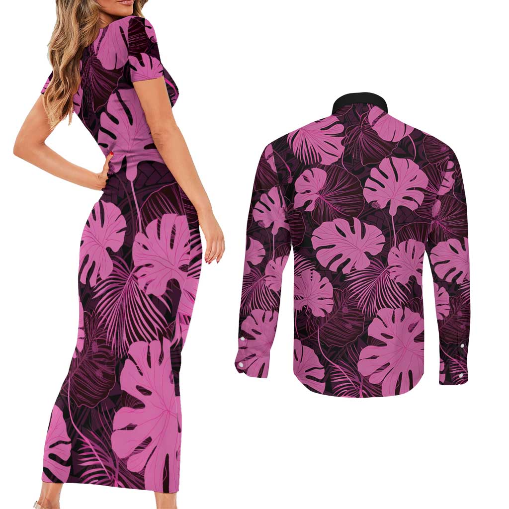 Pink Hawaii Kukui Nut Lei Couples Matching Short Sleeve Bodycon Dress and Long Sleeve Button Shirt Hawaiian Pattern Monstera Tropical Vibes - Polynesian Pride