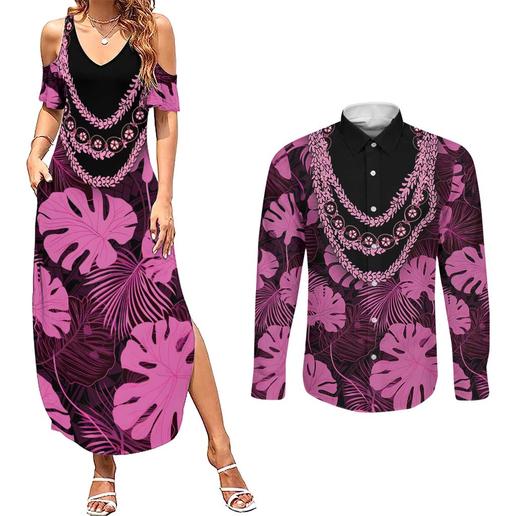 Pink Hawaii Kukui Nut Lei Couples Matching Summer Maxi Dress and Long Sleeve Button Shirt Hawaiian Pattern Monstera Tropical Vibes - Polynesian Pride