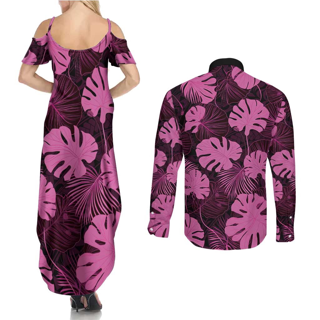 Pink Hawaii Kukui Nut Lei Couples Matching Summer Maxi Dress and Long Sleeve Button Shirt Hawaiian Pattern Monstera Tropical Vibes - Polynesian Pride