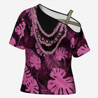 Pink Hawaii Kukui Nut Lei Cross Shoulder Shirt Hawaiian Pattern Monstera Tropical Vibes LT14 Female Pink - Polynesian Pride