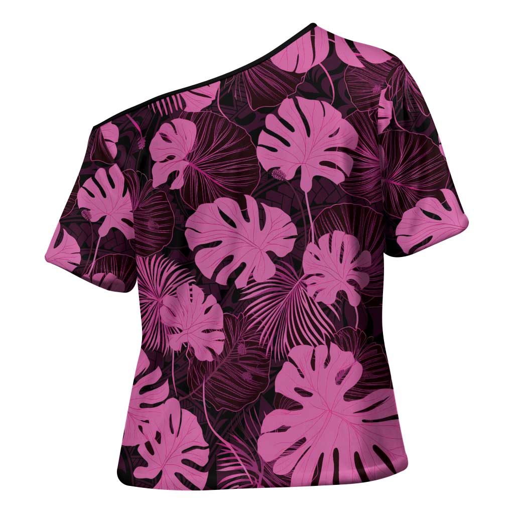 Pink Hawaii Kukui Nut Lei Cross Shoulder Shirt Hawaiian Pattern Monstera Tropical Vibes LT14 - Polynesian Pride