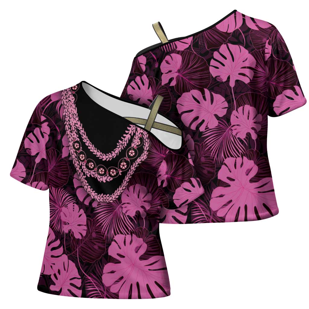 Pink Hawaii Kukui Nut Lei Cross Shoulder Shirt Hawaiian Pattern Monstera Tropical Vibes LT14 - Polynesian Pride