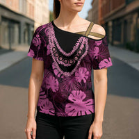 Pink Hawaii Kukui Nut Lei Cross Shoulder Shirt Hawaiian Pattern Monstera Tropical Vibes LT14 - Polynesian Pride