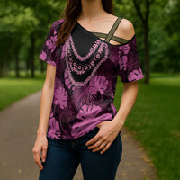Pink Hawaii Kukui Nut Lei Cross Shoulder Shirt Hawaiian Pattern Monstera Tropical Vibes LT14 - Polynesian Pride