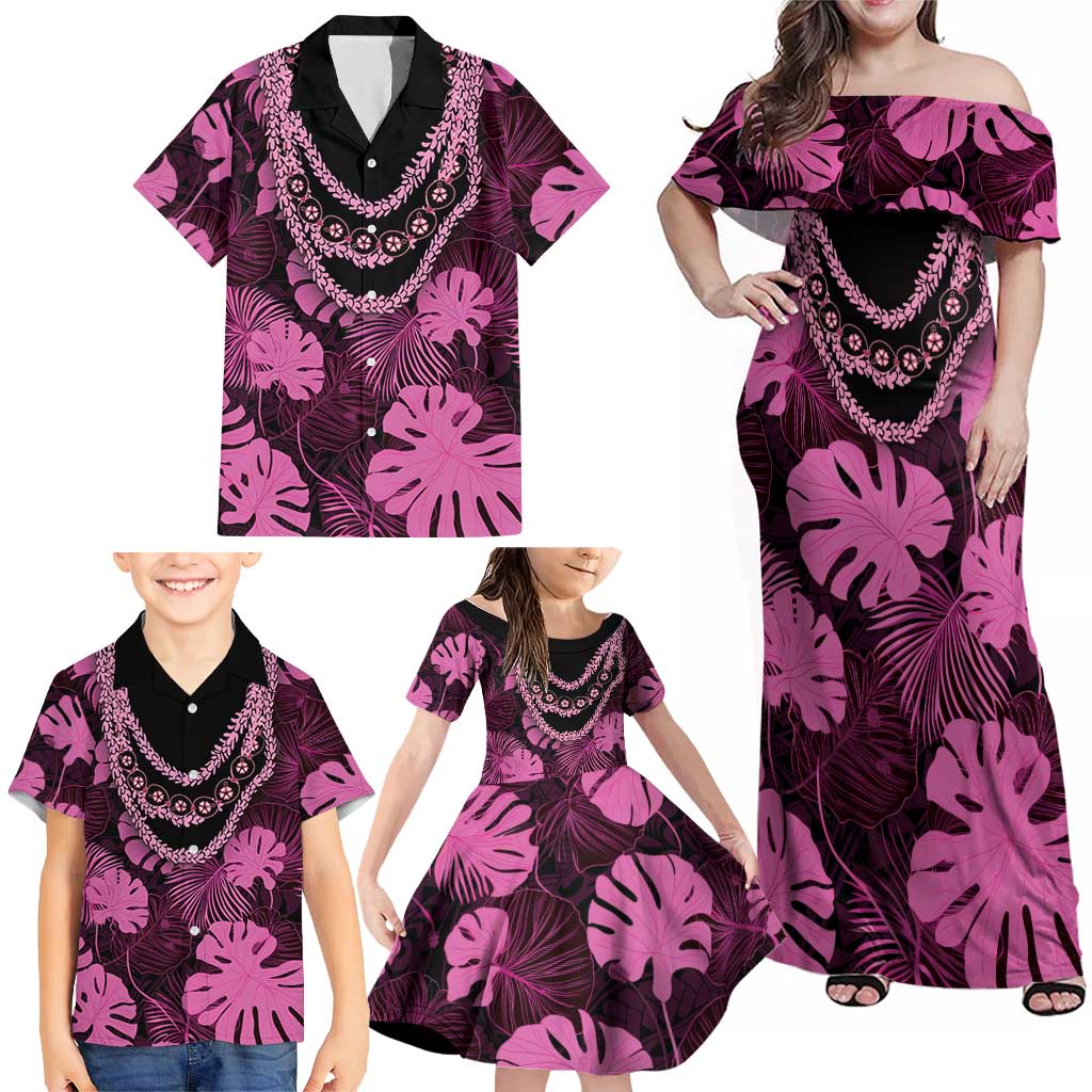 Pink Hawaii Kukui Nut Lei Family Matching Off Shoulder Maxi Dress and Hawaiian Shirt Hawaiian Pattern Monstera Tropical Vibes - Polynesian Pride