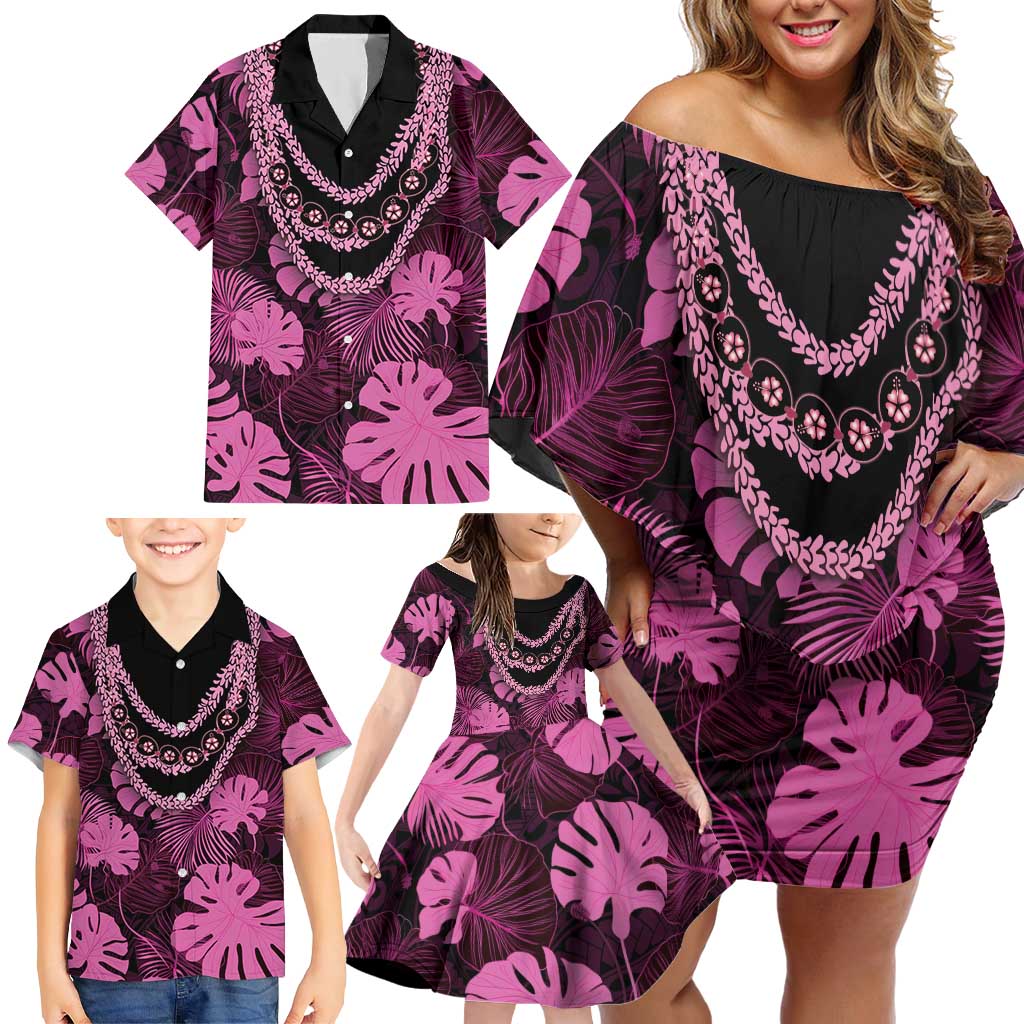 Pink Hawaii Kukui Nut Lei Family Matching Off Shoulder Short Dress and Hawaiian Shirt Hawaiian Pattern Monstera Tropical Vibes - Polynesian Pride
