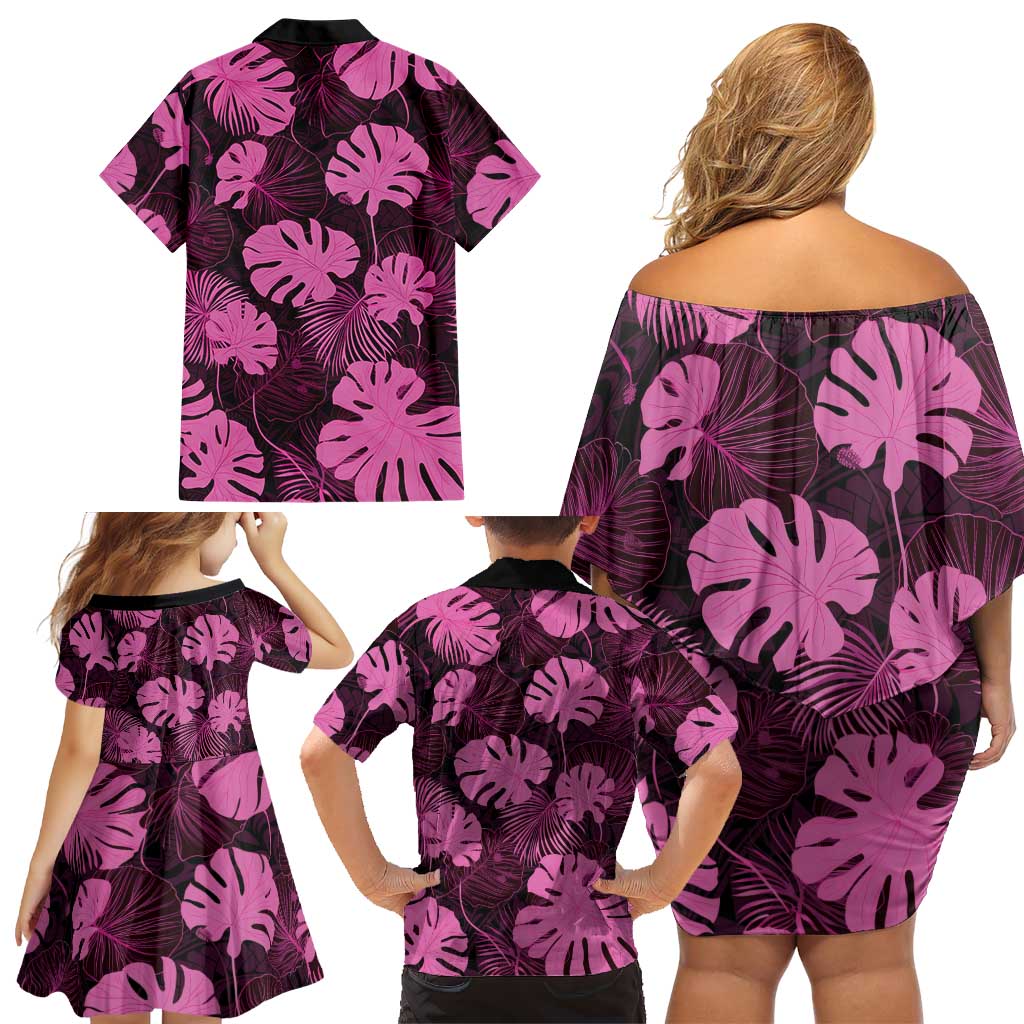 Pink Hawaii Kukui Nut Lei Family Matching Off Shoulder Short Dress and Hawaiian Shirt Hawaiian Pattern Monstera Tropical Vibes - Polynesian Pride