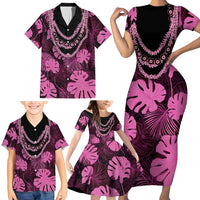 Pink Hawaii Kukui Nut Lei Family Matching Short Sleeve Bodycon Dress and Hawaiian Shirt Hawaiian Pattern Monstera Tropical Vibes - Polynesian Pride