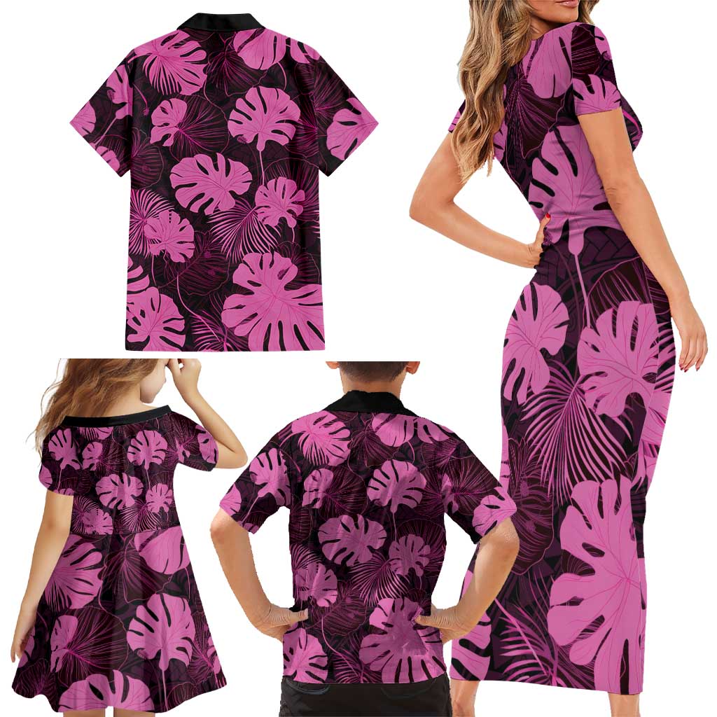 Pink Hawaii Kukui Nut Lei Family Matching Short Sleeve Bodycon Dress and Hawaiian Shirt Hawaiian Pattern Monstera Tropical Vibes - Polynesian Pride