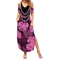 Pink Hawaii Kukui Nut Lei Family Matching Summer Maxi Dress and Hawaiian Shirt Hawaiian Pattern Monstera Tropical Vibes - Polynesian Pride