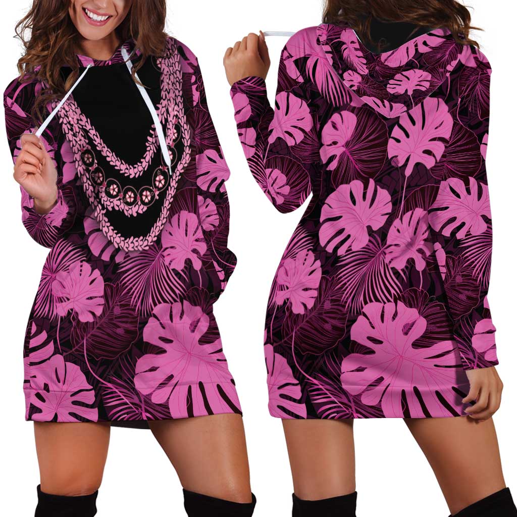 Pink Hawaii Kukui Nut Lei Hoodie Dress Hawaiian Pattern Monstera Tropical Vibes - Polynesian Pride
