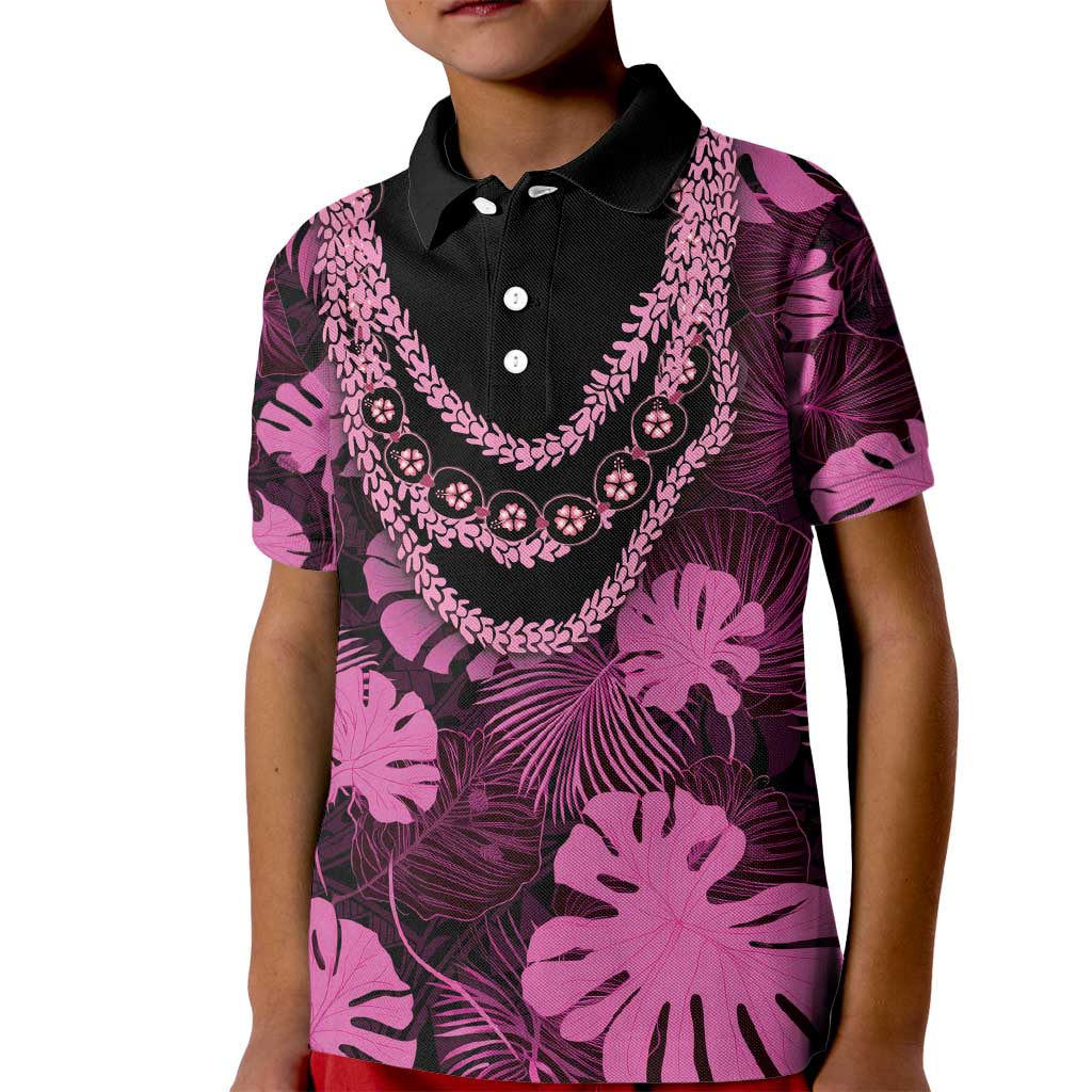Pink Hawaii Kukui Nut Lei Kid Polo Shirt Hawaiian Pattern Monstera Tropical Vibes - Polynesian Pride