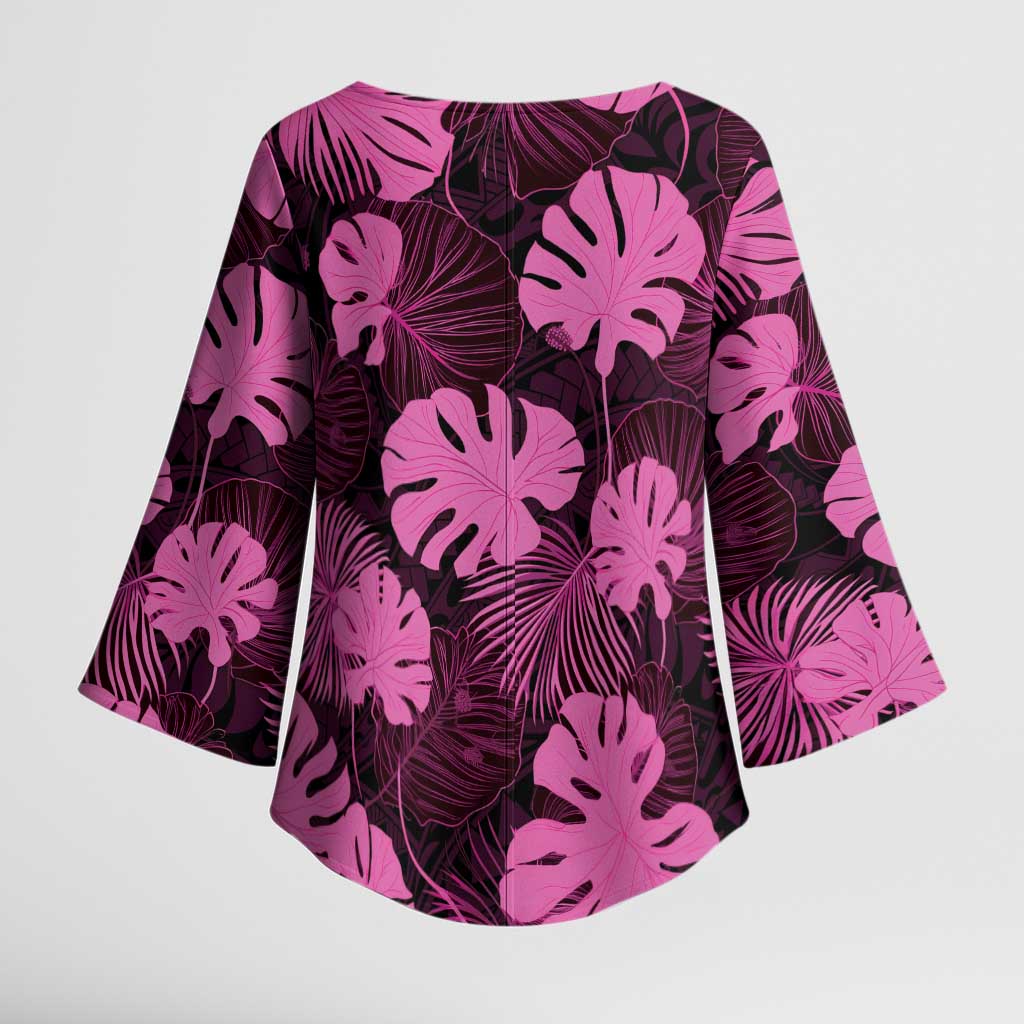 Pink Hawaii Kukui Nut Lei Kimono Sleeve Blouse Hawaiian Pattern Monstera Tropical Vibes LT14 - Polynesian Pride
