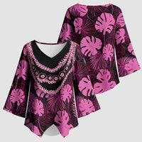 Pink Hawaii Kukui Nut Lei Kimono Sleeve Blouse Hawaiian Pattern Monstera Tropical Vibes LT14 - Polynesian Pride