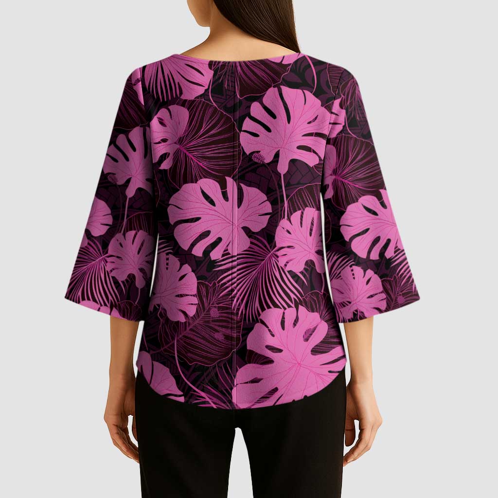 Pink Hawaii Kukui Nut Lei Kimono Sleeve Blouse Hawaiian Pattern Monstera Tropical Vibes LT14 - Polynesian Pride