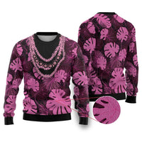 Pink Hawaii Kukui Nut Lei Ugly Christmas Sweater Hawaiian Pattern Monstera Tropical Vibes - Polynesian Pride