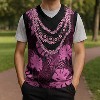 Pink Hawaii Kukui Nut Lei Christmas Knitted V-Neck Vest Hawaiian Pattern Monstera Tropical Vibes - Polynesian Pride