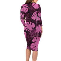 Pink Hawaii Kukui Nut Lei Long Sleeve Bodycon Dress Hawaiian Pattern Monstera Tropical Vibes - Polynesian Pride