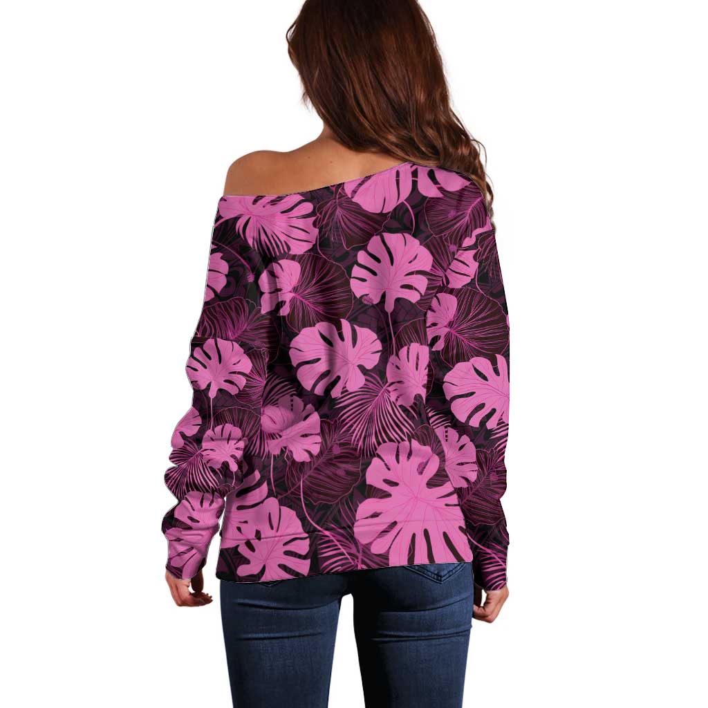 Pink Hawaii Kukui Nut Lei Off Shoulder Sweater Hawaiian Pattern Monstera Tropical Vibes - Polynesian Pride