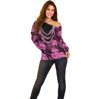 Pink Hawaii Kukui Nut Lei Off Shoulder Sweater Hawaiian Pattern Monstera Tropical Vibes - Polynesian Pride
