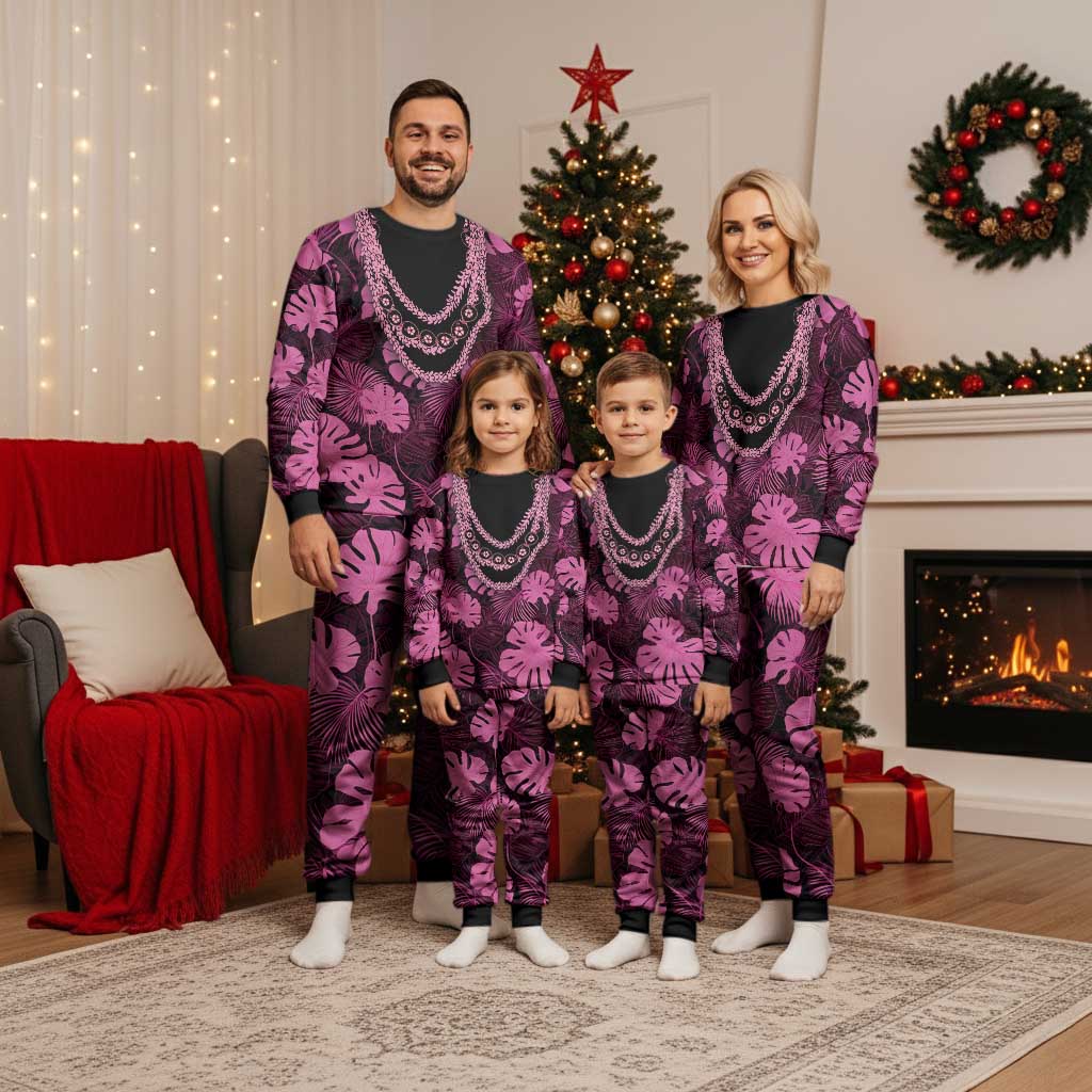 Pink Hawaii Kukui Nut Lei Christmas Pajama Set Hawaiian Pattern Monstera Tropical Vibes - Polynesian Pride