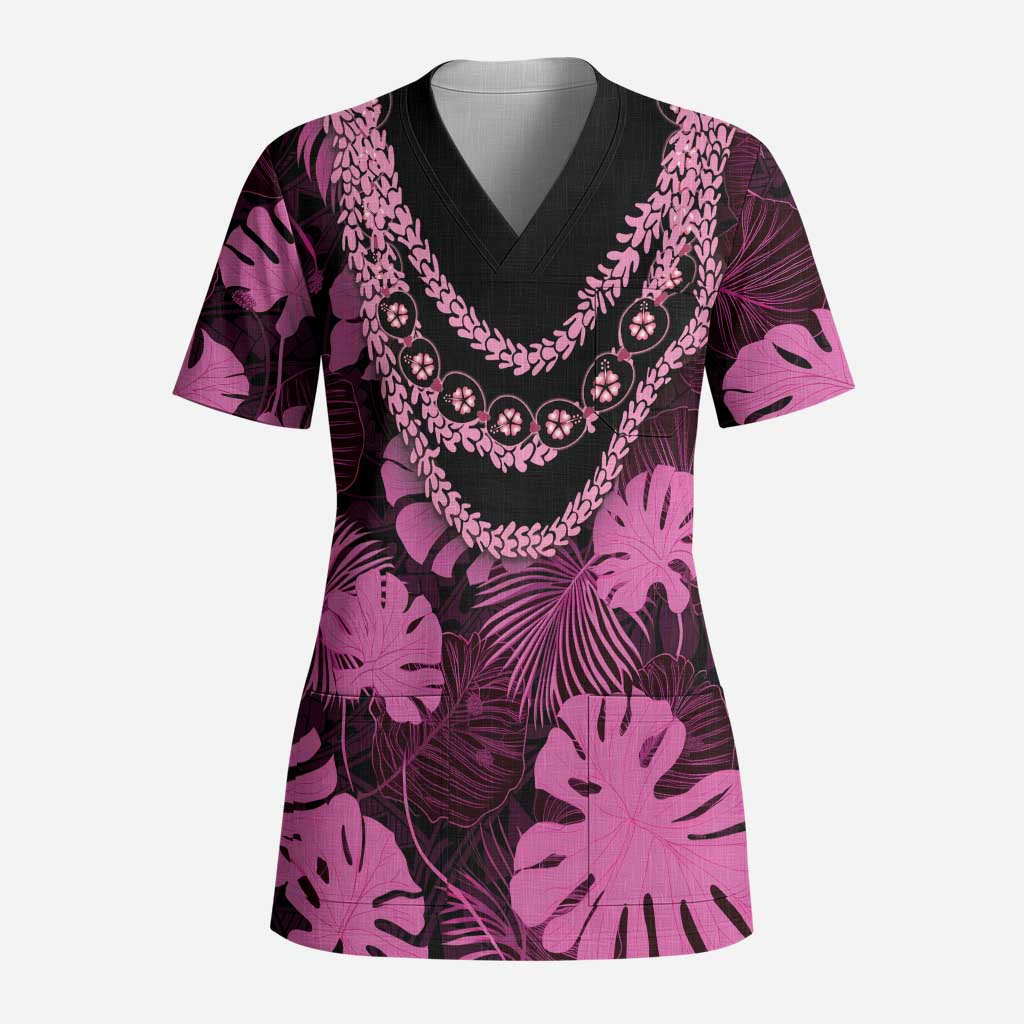 Pink Hawaii Kukui Nut Lei Scrub Top Hawaiian Pattern Monstera Tropical Vibes - Polynesian Pride