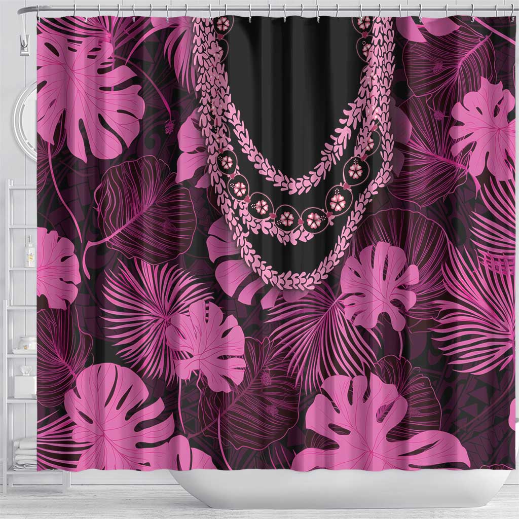 Pink Hawaii Kukui Nut Lei Shower Curtain Hawaiian Pattern Monstera Tropical Vibes - Polynesian Pride