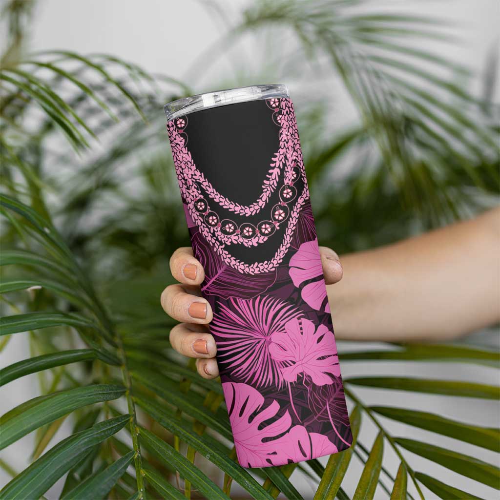 Pink Hawaii Kukui Nut Lei Skinny Tumbler Hawaiian Pattern Monstera Tropical Vibes - Polynesian Pride
