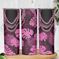Pink Hawaii Kukui Nut Lei Skinny Tumbler Hawaiian Pattern Monstera Tropical Vibes - Polynesian Pride