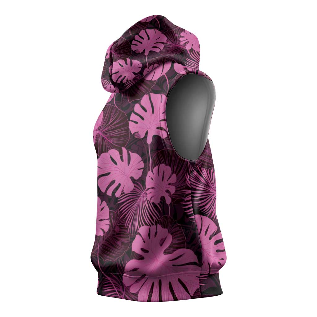 Pink Hawaii Kukui Nut Lei Sleeveless Hoodie Hawaiian Pattern Monstera Tropical Vibes - Polynesian Pride