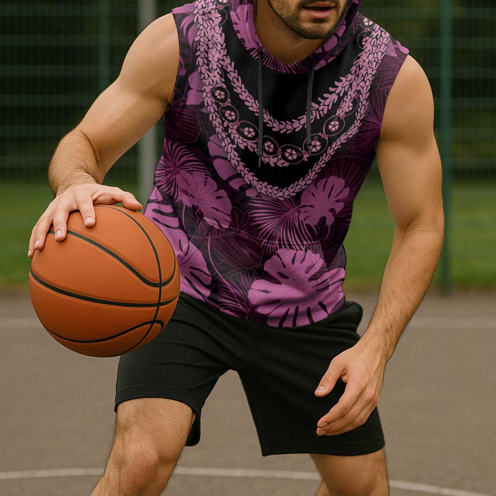 Pink Hawaii Kukui Nut Lei Sleeveless Hoodie Hawaiian Pattern Monstera Tropical Vibes - Polynesian Pride