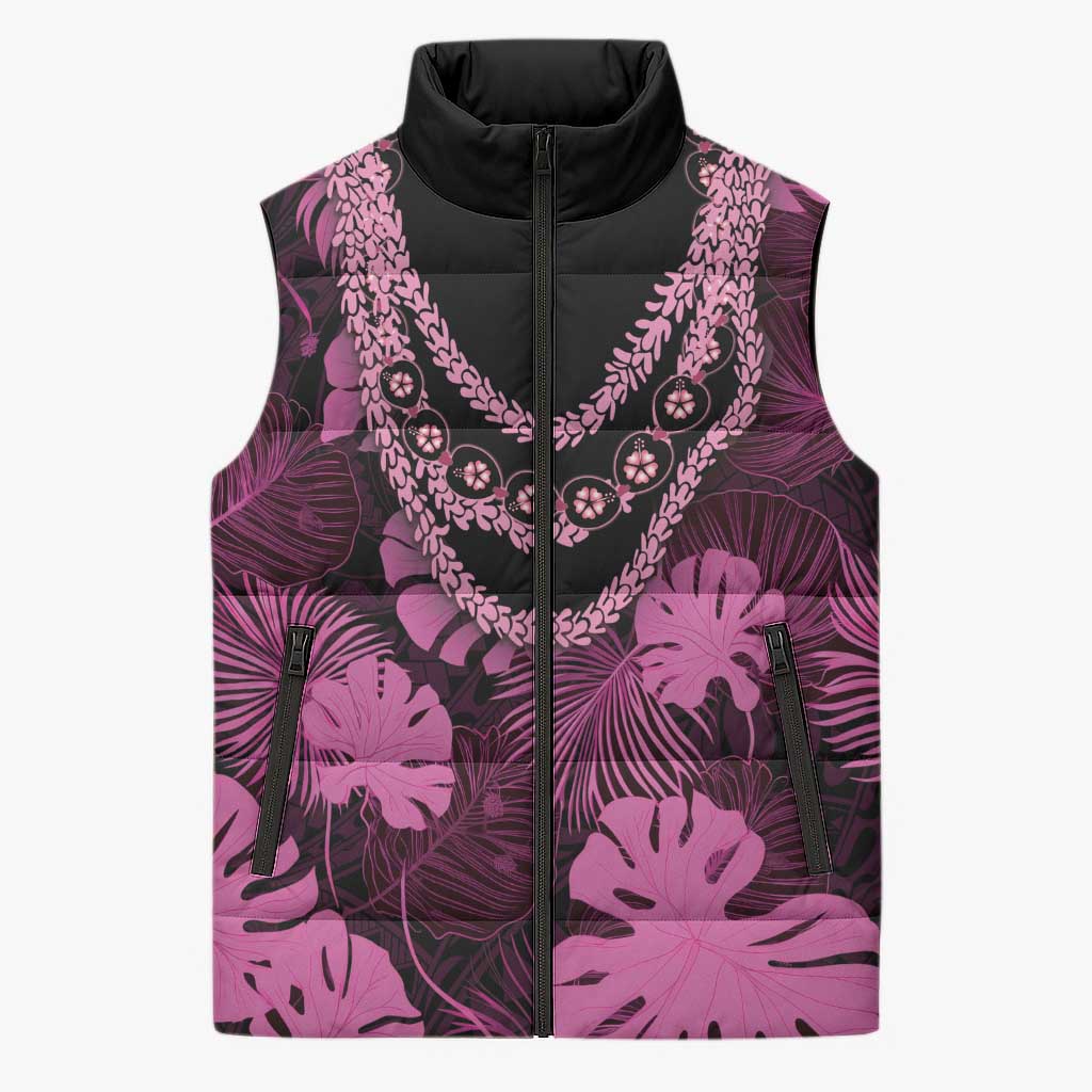 Pink Hawaii Kukui Nut Lei Sleeveless Puffer Jacket Hawaiian Pattern Monstera Tropical Vibes - Polynesian Pride