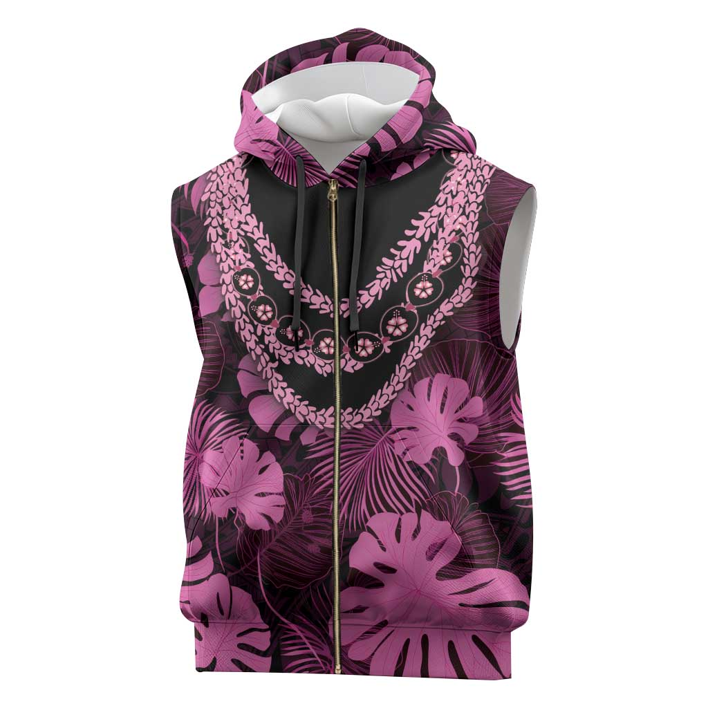 Pink Hawaii Kukui Nut Lei Sleeveless Zip Hoodie Hawaiian Pattern Monstera Tropical Vibes - Polynesian Pride